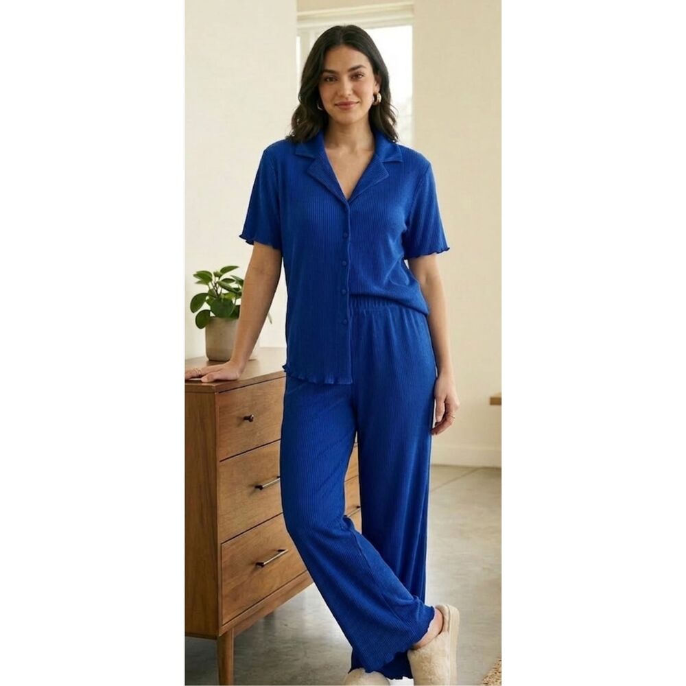 Royal Blue Pleated 2 Piece Lounge Set Short Sleeve Button Down Top & Wide Leg Pa